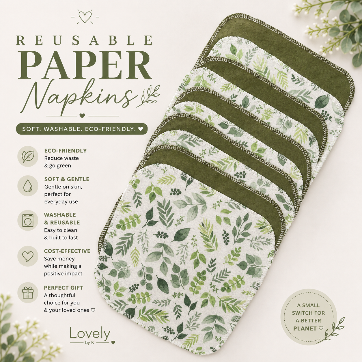 PAPERLESS NAPKINS GREEN LEAVES